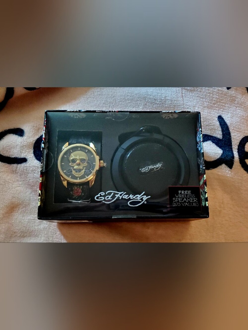 Ed Hardy Gold Skull Watch with Black Speaker Gift Set